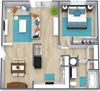 Three dimensional floor plan of a one bedroom apartment with furniture at Stone Oak Apartments in Independence, Missouri